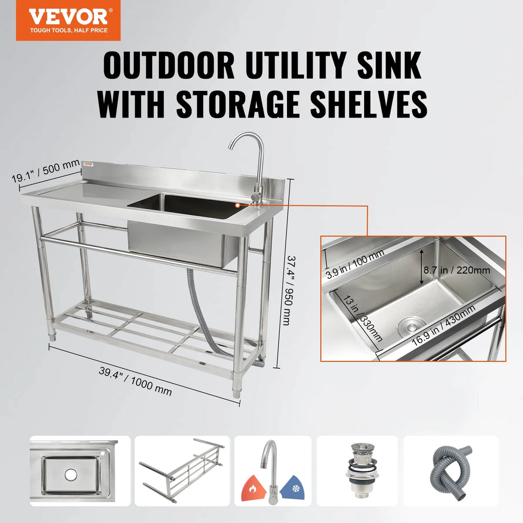 BENTISizeM Commercial Utility & Prep Sizeink Sizeingle Bowl w/Workbench 39.4 x 19.1 x 37.4 in