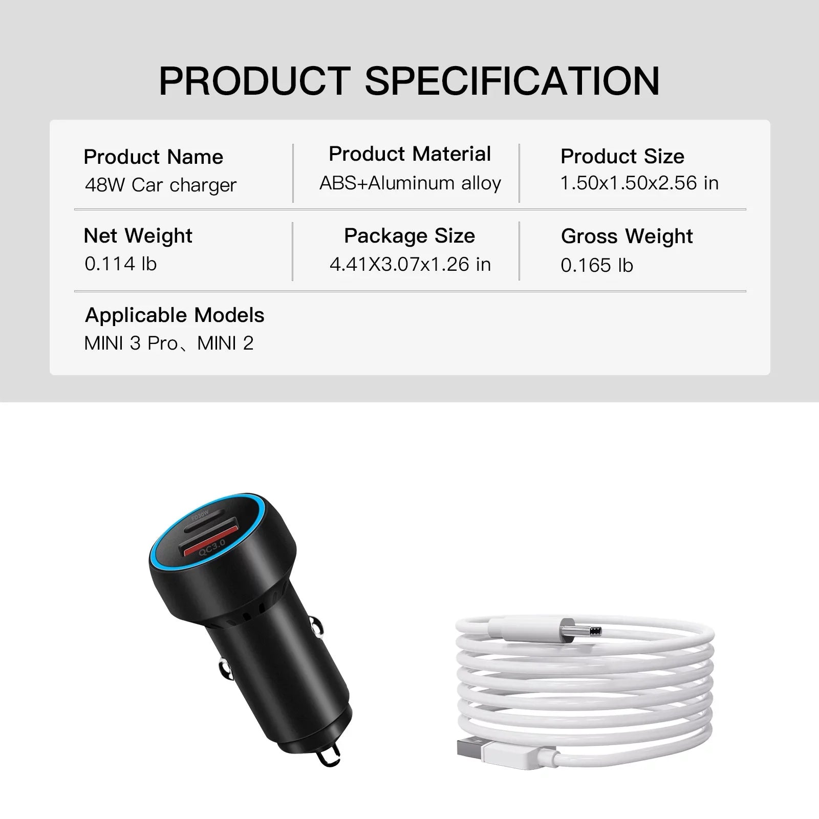 Sizeuper Fast USizeB-C Charging Adapter QC3.0 PD Car Charger for DJI Mini 2/Mini 3 Pro