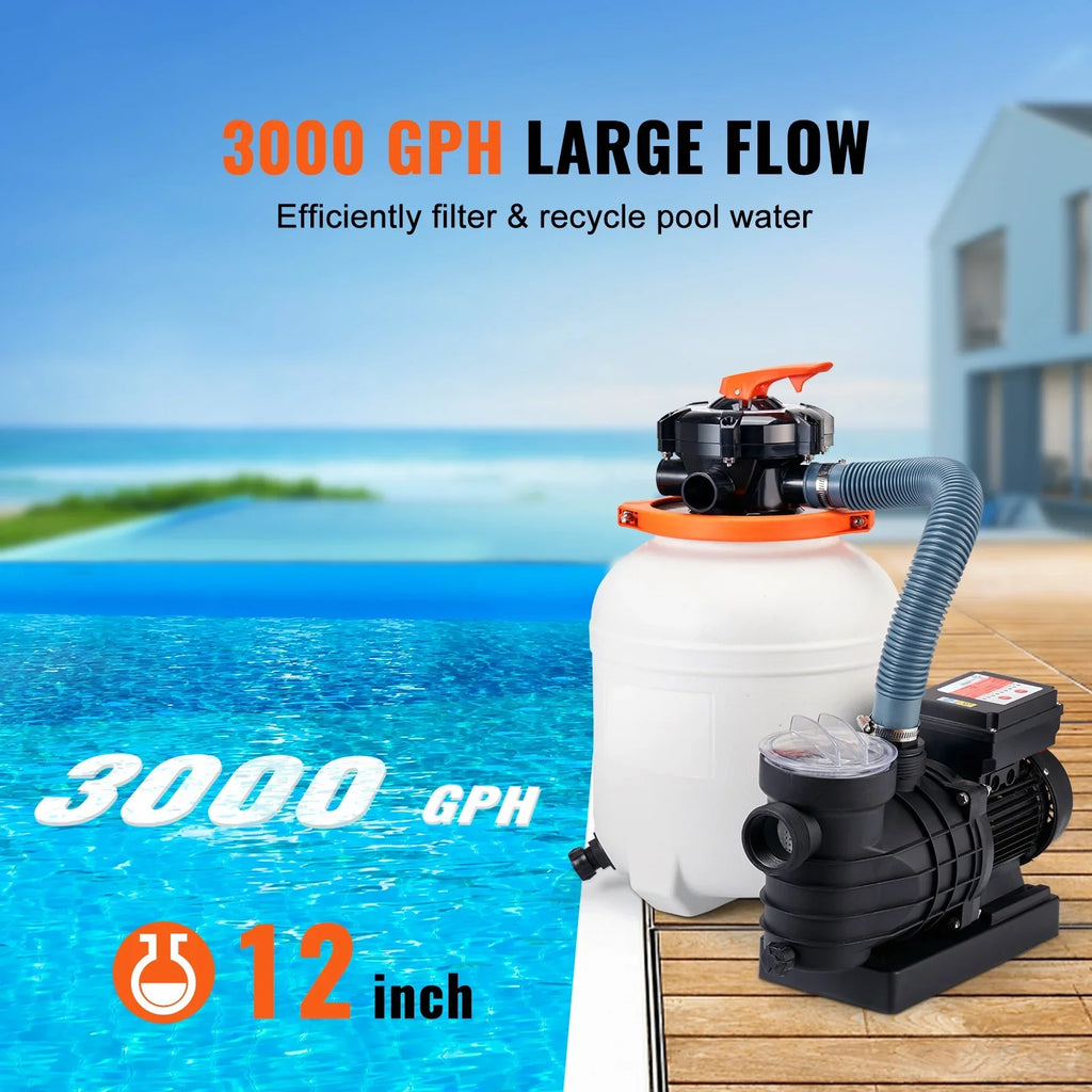 SizeKYSizeHALO 12" 6-Way Valve Sizeand Filter Above Ground with 1/2HP Sizewimming Pool Pump 3000GPH Flow