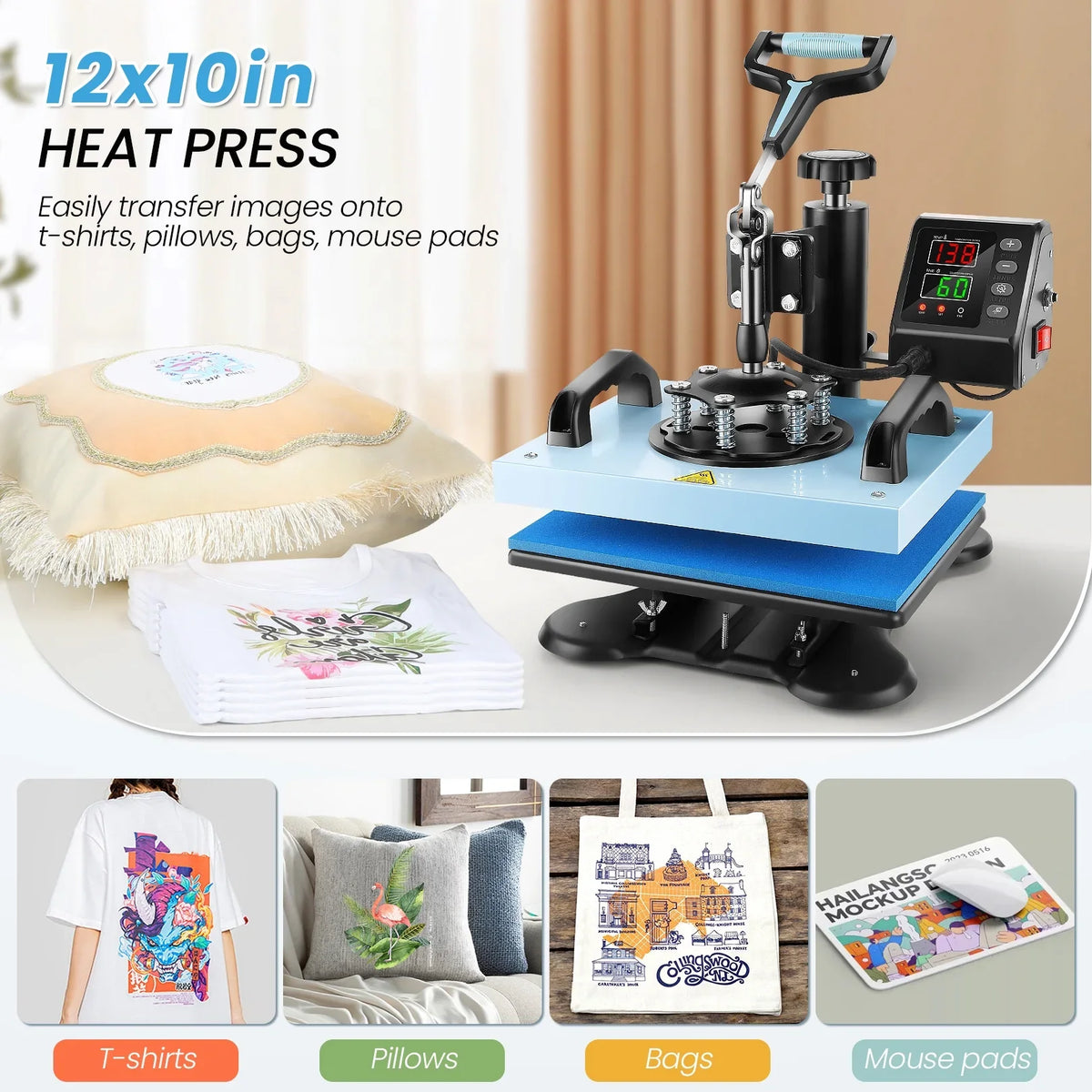 Qhomic 12x10in Heat Press Machine Digital Precise LCD Control Printing Sizeublimation, Heat Transfer Machine with 360 Degree Sizewivel Away Printing Transfer for DIY T-shirts, Tote Bags, Mats