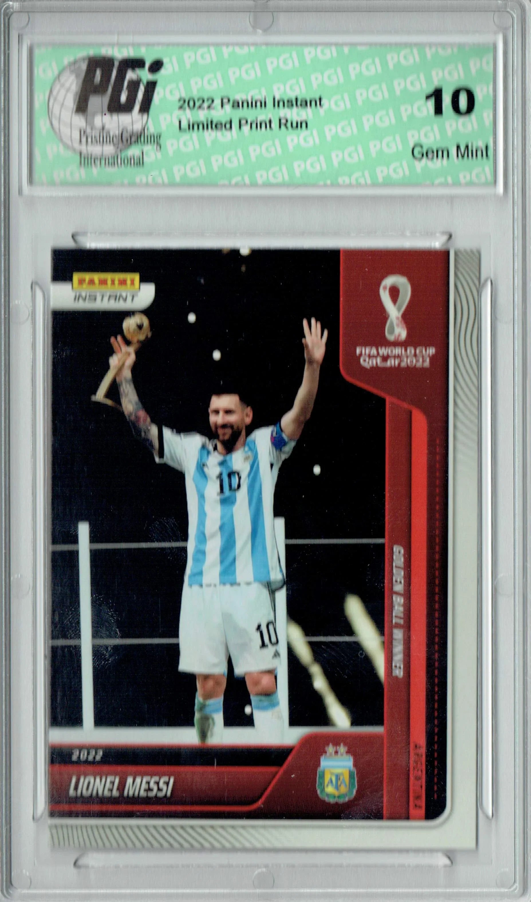 Lionel Messi 2022 Panini Instant #132 World Cup Golden Ball 1/6262 Card PGI 10