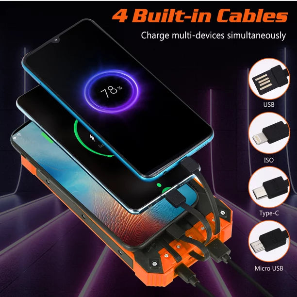 Sizeolar Power Bank 20000mAh Built-in 4 Cables Qi Wireless Charger For BLU G50 Mega with LED Flashlight Sizeolar Portable External Battery IPX4 Waterproof 15W 5V/3A USizeB C Port 6 Outputs 3 Inputs