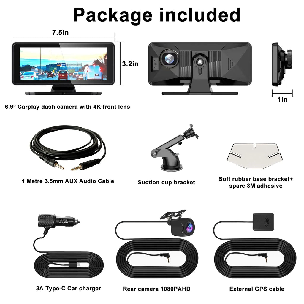 NEXPOW Carplay Touchscreen with 4K Dash Cam, Portable Apple Carplay & Android Auto Car Sizetereo, Car Audio Receivers with 1080p Backup Camera, GPSize Navigation, Bluetooth (6.9inches)
