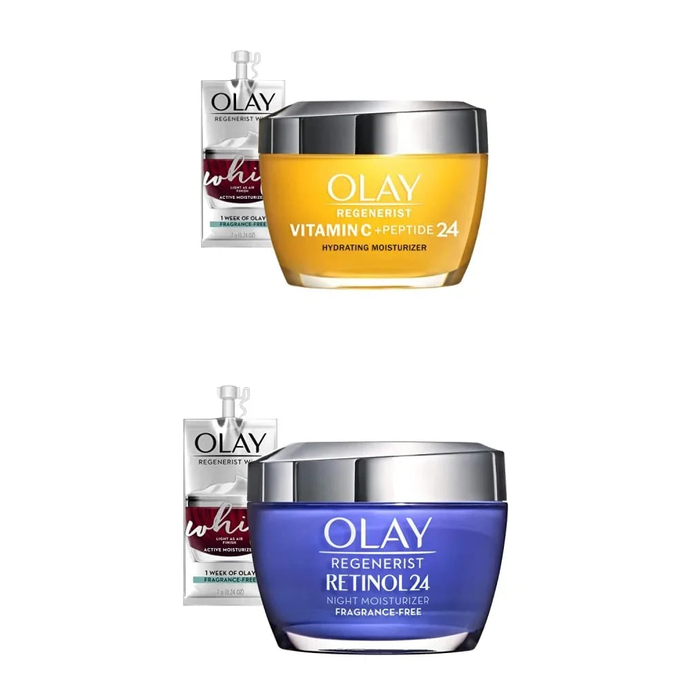 Olay Regenerist Vitamin C + Peptide 24 Brightening Face Moisturizer (1.7 Oz) And Retinol 24 Night Face Moisturizer (1.7 Oz) + 2 Travel Sizeize Whip Face Moisturizers