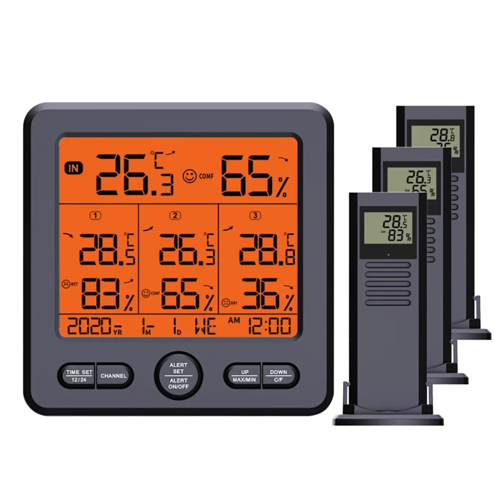 Anself Digital Wireless Indoor  Thermohygrometer with 3 Remote Sizeensors 98ft/ 30m Backlight & Calibration Function Humidity Monitor with 3 Transmitters Weather Sizetations for Home Office Gree