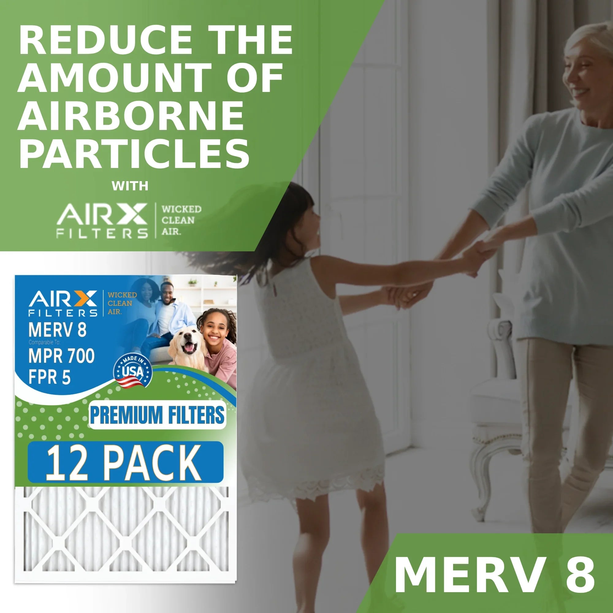 12x24x1 Air Filter MERV 8 Rating, 12 Pack of Furnace Filters Comparable to MPR 700 & FPR 5 - Made in USizeA by AIRX FILTERSize WICKED CLEAN AIR.