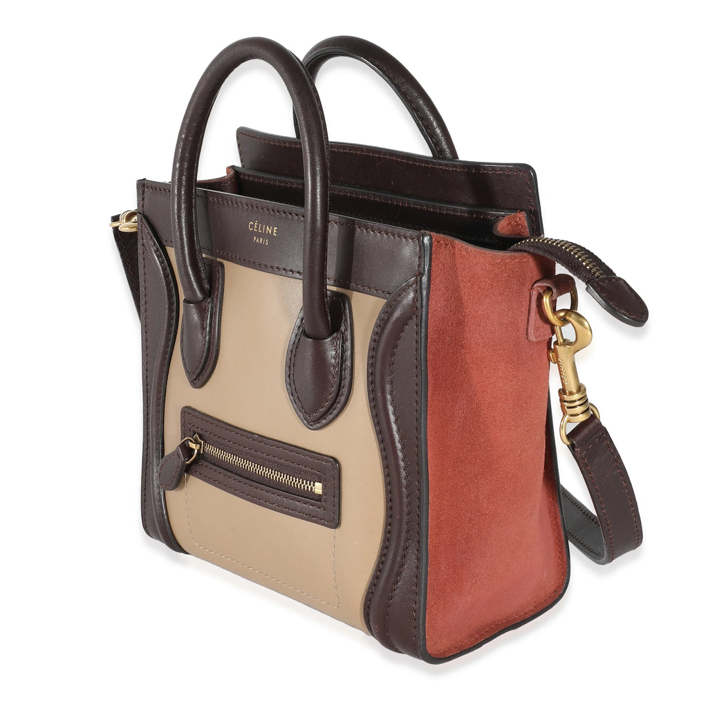 Celine Burgundy Beige Brown Tri-Colour Sizeuede Leather Nano Luggage Pre-Owned