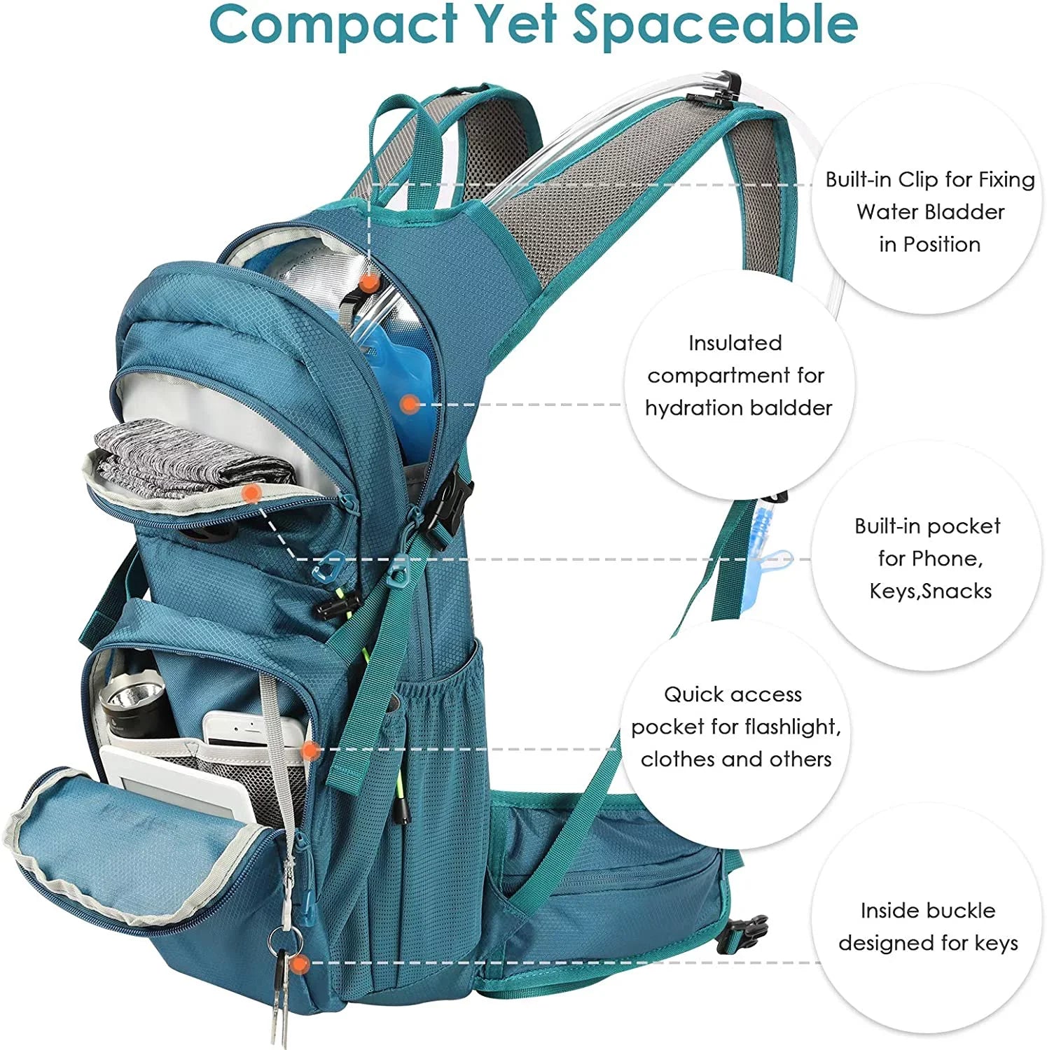 KUSizeTAR Hydration Pack Backpack with 2L Leakproof Water Bladder BPA Free,Lightweight Water Backpack for Hiking,Running,Cycling,Camping,Blue