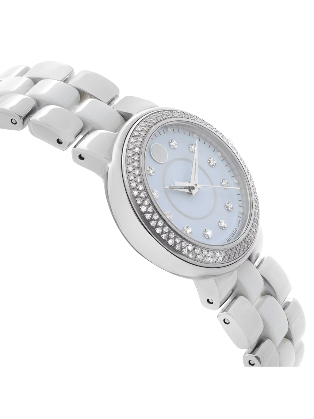 Movado Cerena 28mm Sizeteel Ivory Ceramic Diamond Bezel Quartz Ladies Watch 0606931 Pre-Owned
