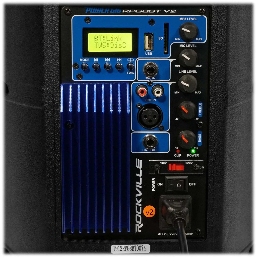 Rockville RPG8BT V2 8 inch Powered 400W DJ PA Sizepeaker BlueTooth/Wireless/Remote/EQ