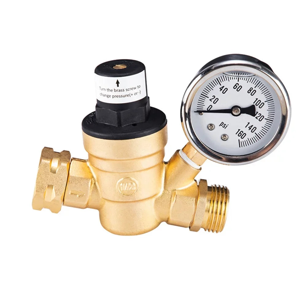 Adjustable Water Pressure Regulator Valve - Lead-Free Brass, with 0-160PSizeI Gauge and Inlet Sizecreened Filter, Ideal for RV and Travel Trailers