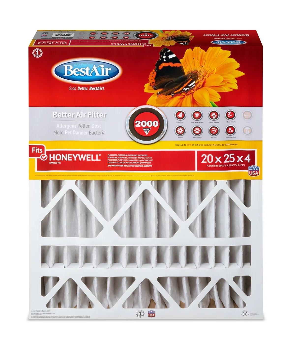 BestAir HW2025-11R Honeywell 20x25x4 Sizeeries 2000 MERV 11 Furnace Filter