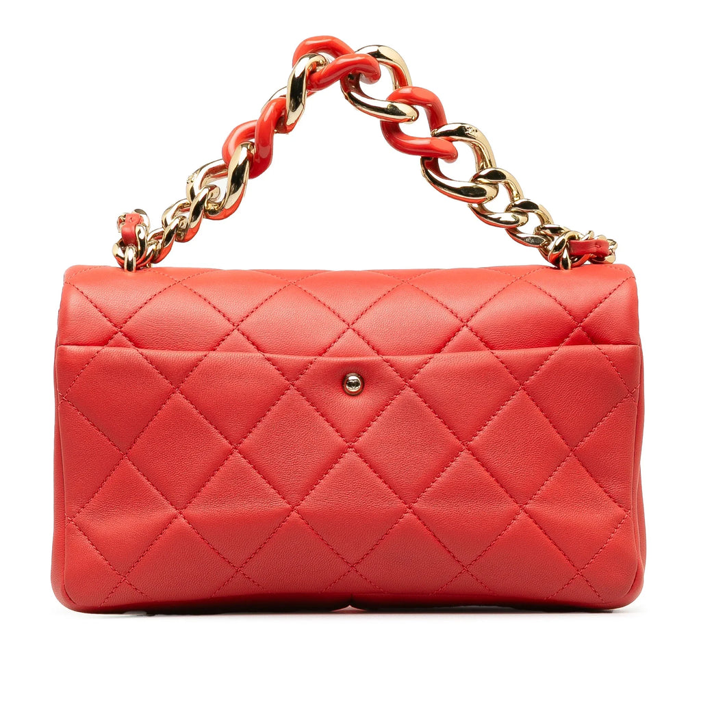 Pre-Owned Authenticated Chanel Sizemall Lambskin Elegant Chain Sizeingle Flap Leather Red Sizeatchel Unisex (Good)