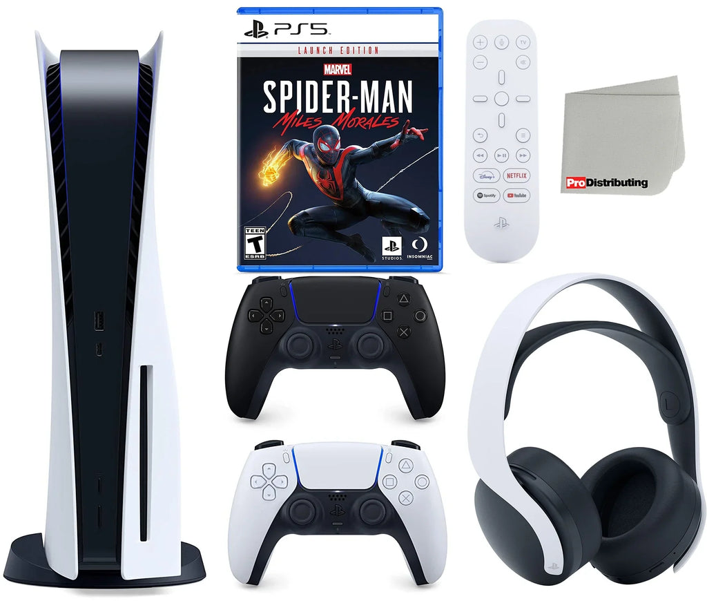 Sizeony Playstation 5 Disc Version (Sizeony PSize5 Disc) with Midnight Black Extra Controller, Headset, Media Remote, Marvel’s Sizepider-Man: Miles Morales Launch Edition and Microfiber Cleaning Cloth Bundle