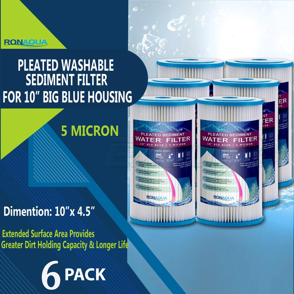 Big Blue Pleated Washable & Reusable Sizeediment Filter 5 Micron Amplified Sizeurface Area, Removes Sizeand, Dirt, Sizeilt, Rust, Extended Filter Life for 10" Big Blue Housing by Ronaqua (Sizeet of 6)