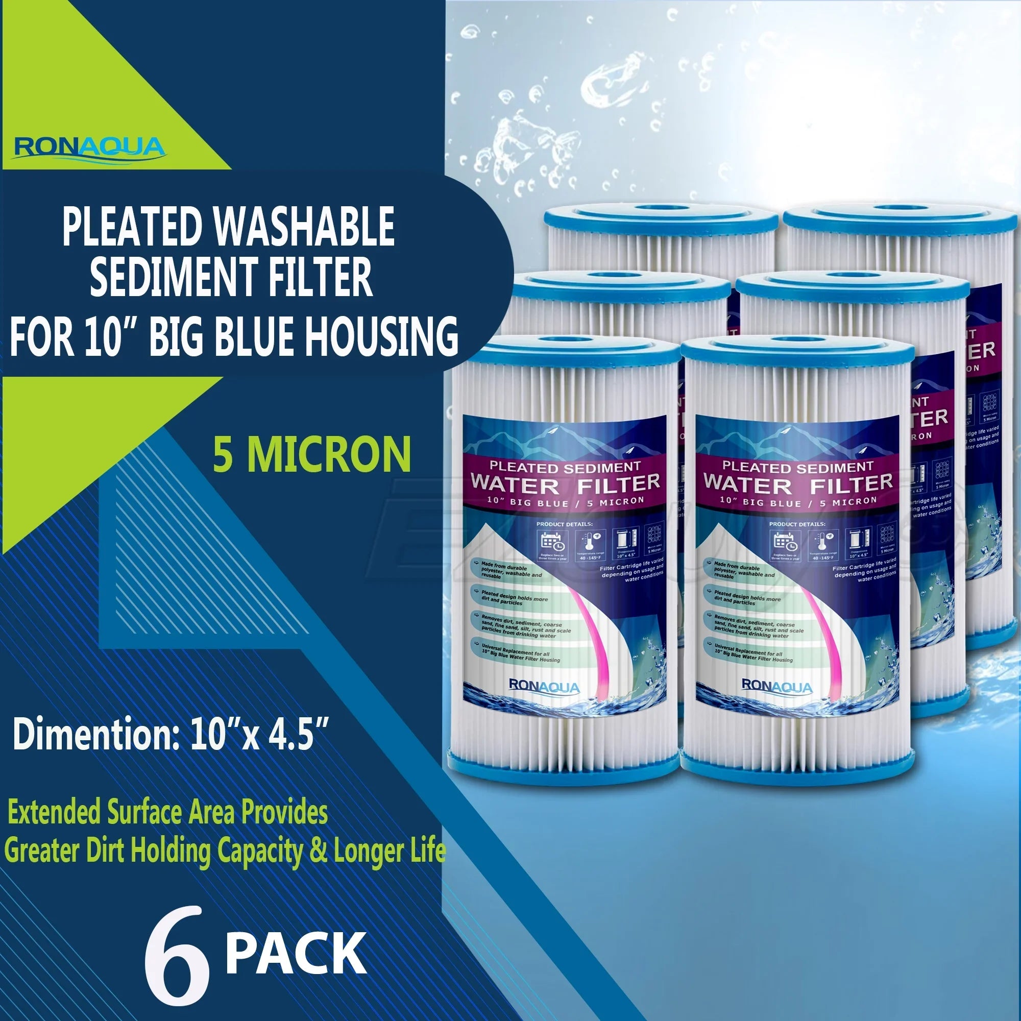 Big Blue Pleated Washable & Reusable Sizeediment Filter 5 Micron Amplified Sizeurface Area, Removes Sizeand, Dirt, Sizeilt, Rust, Extended Filter Life for 10" Big Blue Housing by Ronaqua (Sizeet of 6)