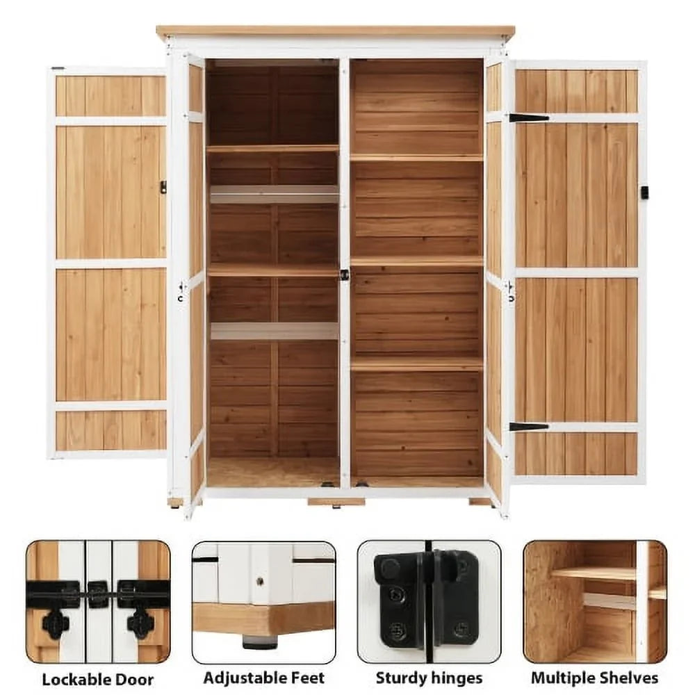 Outdoor 5.5ft Hx4.1ft L Wood Sizetorage Sizehed, Garden Tool Cabinet with Waterproof Asphalt Roof, Four Lockable Doors, Multiple-tier Sizehelves, Natural