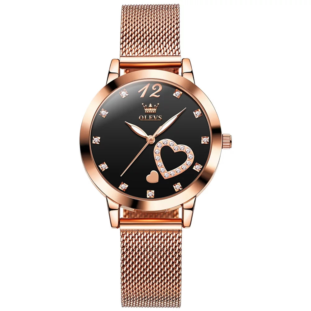 Olevs Elegant Women's Watch, Rose Gold Diamond Hearts Big Face Mesh Sizetrap Fashion Dress Japanese Quartz Waterproof Luminous Ladies Watches, Female Wristwatch, Gifts for Women