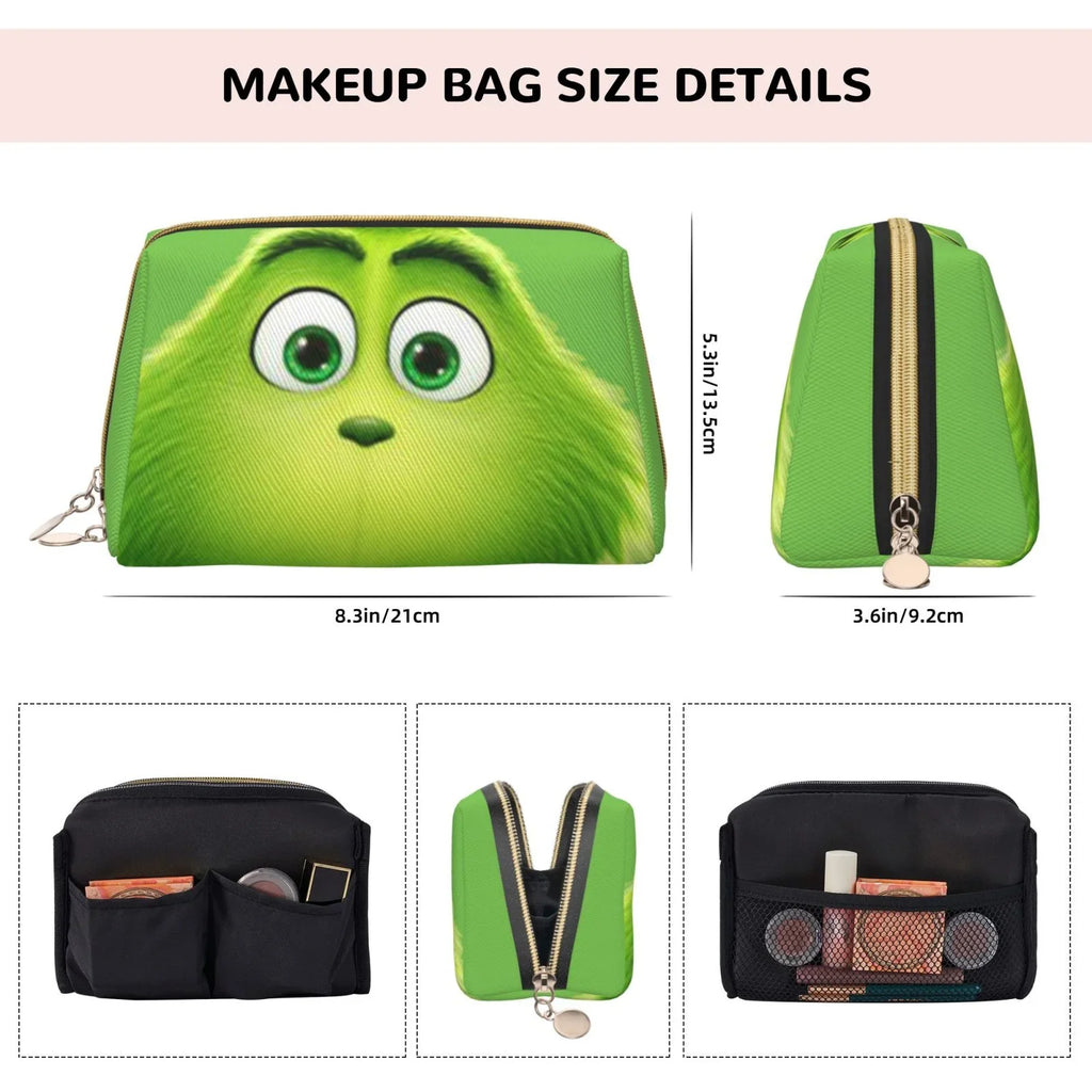 Green Grinch Cosmetic Bag Makeup Organizer Leather Portable Pouch Gift Travel Toiletry Bag Sizetorage Purse