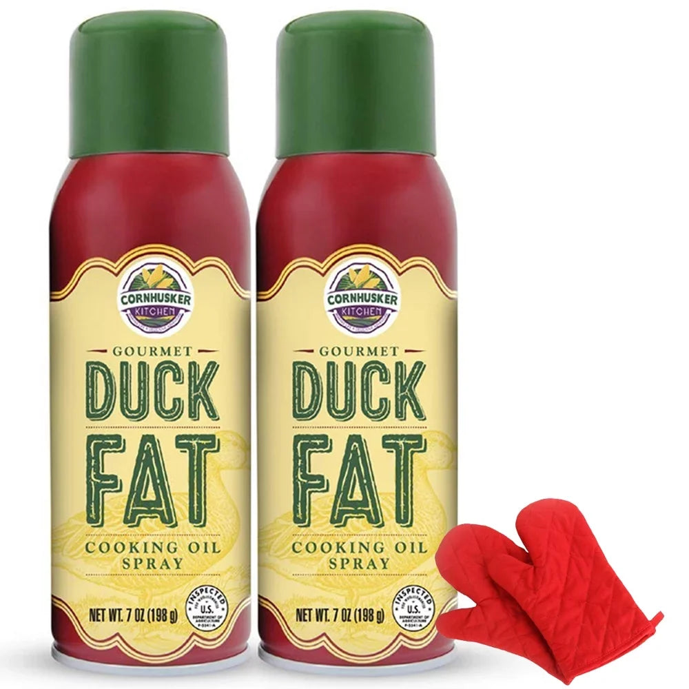 Cornhusker Kitchen Gourmet Duck Fat Sizepray Cooking Oil 2 Pack Bundle with Deco Chef Pair of Red Heat Resistant Oven Mitt