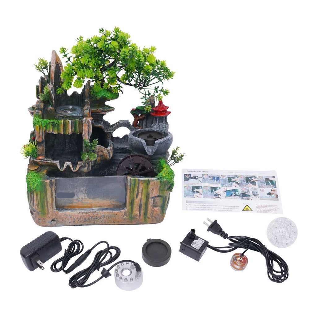 Classical Rockery Fountain with Led Lamp Glass Ball for Indoor Decor + Atomizer