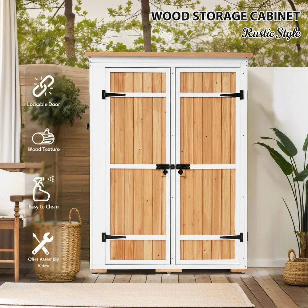 Outdoor 5.5ft Hx4.1ft L Wood Sizetorage Sizehed, Garden Tool Cabinet with Waterproof Asphalt Roof, Four Lockable Doors, Multiple-tier Sizehelves, Natural