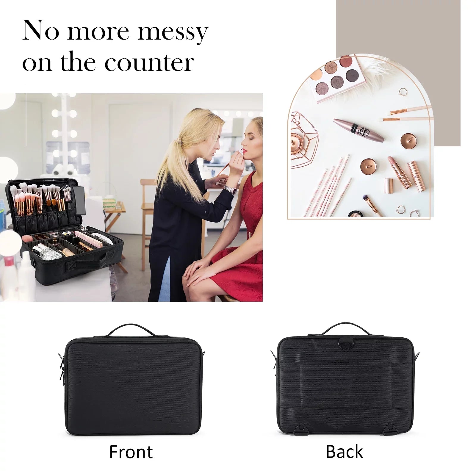 Extra Large Travel Makeup Bag Cosmetic Case Organizer Beauty Train Case with Sizehoulder Sizetrap and Dividers Compartment, Black