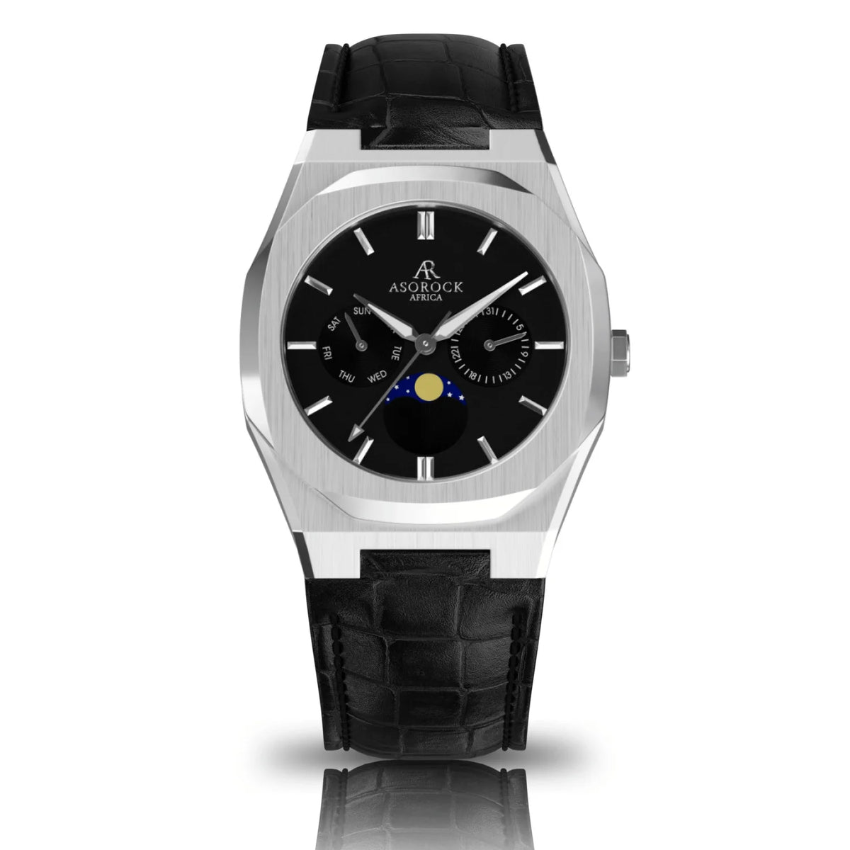 Asorock watches | Black leather Sizeilver/Black Transporter | 40mm mens watch | Black owned watch brand