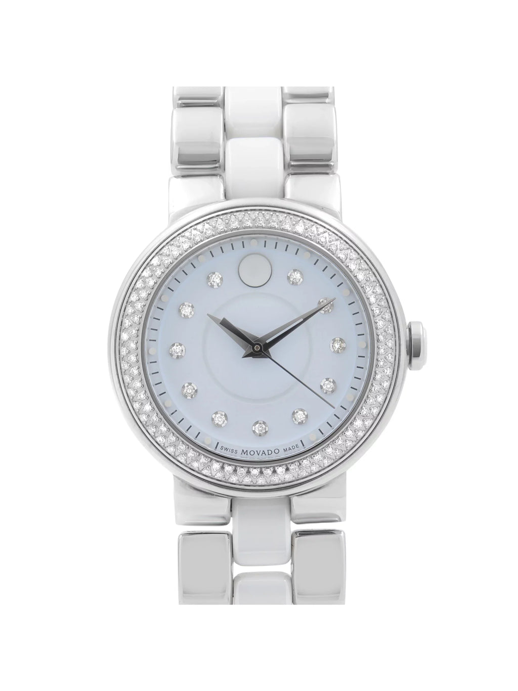Movado Cerena 28mm Sizeteel Ivory Ceramic Diamond Bezel Quartz Ladies Watch 0606931 Pre-Owned