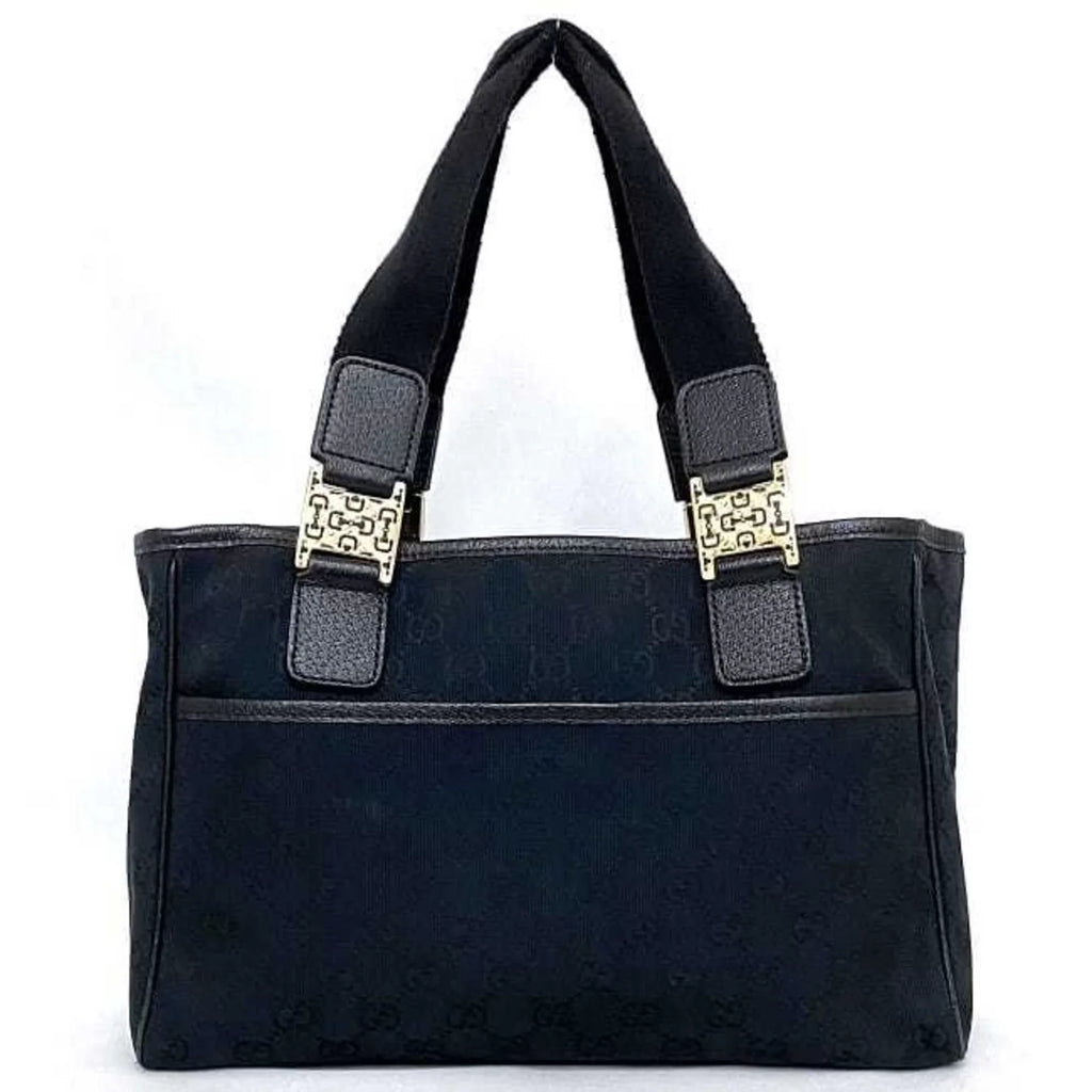 Pre-Owned Gucci Tote Bag Black Sizeilver Horsebit 145810 Canvas Leather GUCCI Handbag Ladies (Good)