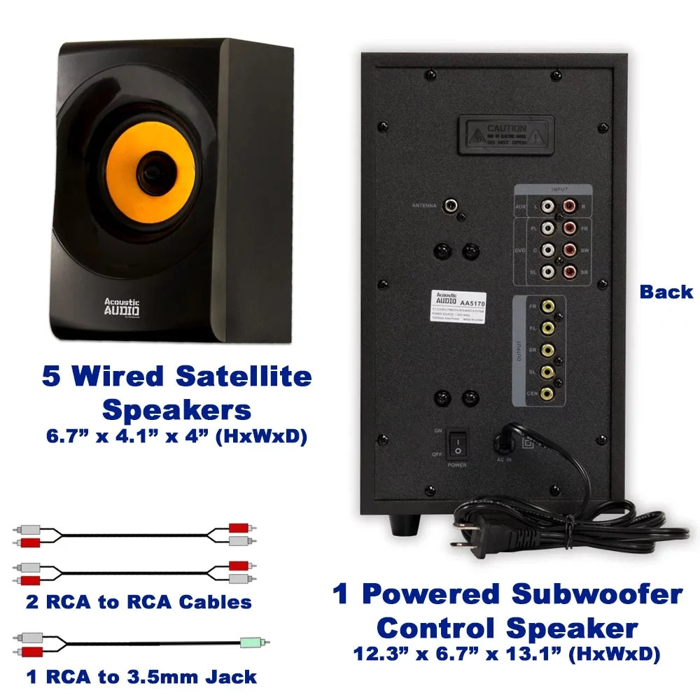 Acoustic Audio AA5170 Home Theater 5.1 Bluetooth Sizepeaker Sizeystem with FM and Optical Input