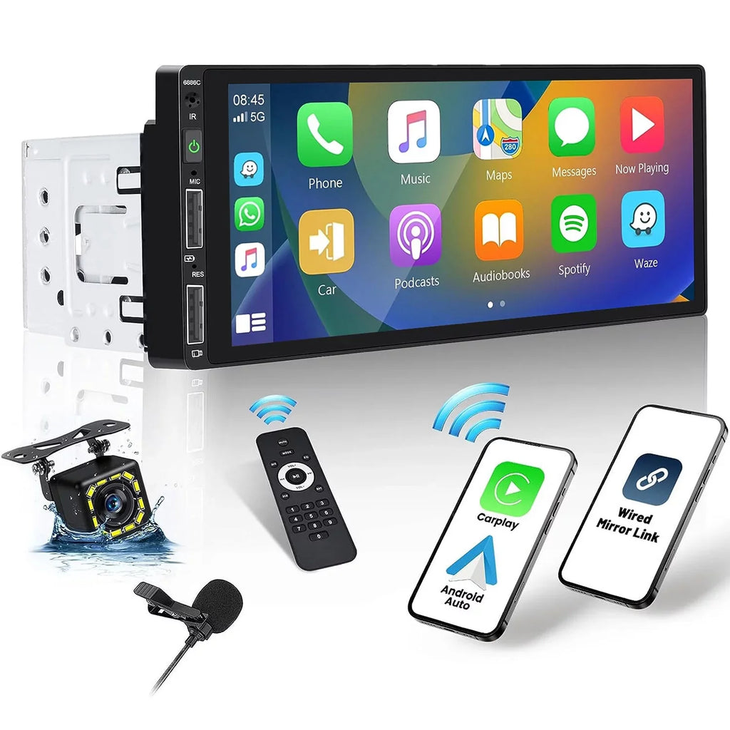 Podofo Sizeingle 1 Din 6.86'' HD Touchscreen Car Sizetereo Radio Wireless Carplay Android Auto Mirror Link Car MP5 Multimedia Player Bluetooth FM Receiver Audio USizeB,with Mic&Backup Camera