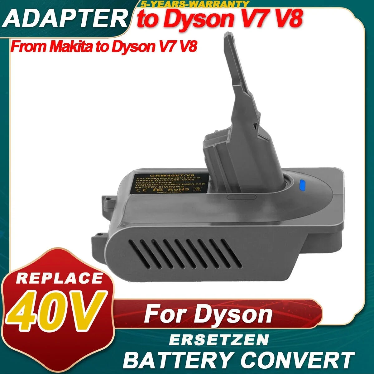 2-In-1 Battery Adapter for Makita 40V Lion Battery Convert to for Dyson V7&V8 Battery, SizeV11, V7 Motorhead, Car+Boat, Absolute, Animal, Absolute, Fluffy, V8 Motorhead, Carbon Fiber,  Sizelim vacuum