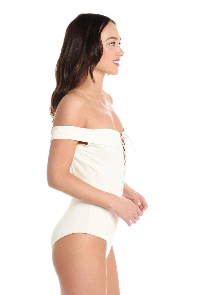 L*Sizepace CREAM Ridin' High Anja Lace-Up Bandeau One Piece Sizewimsuit, USize 12