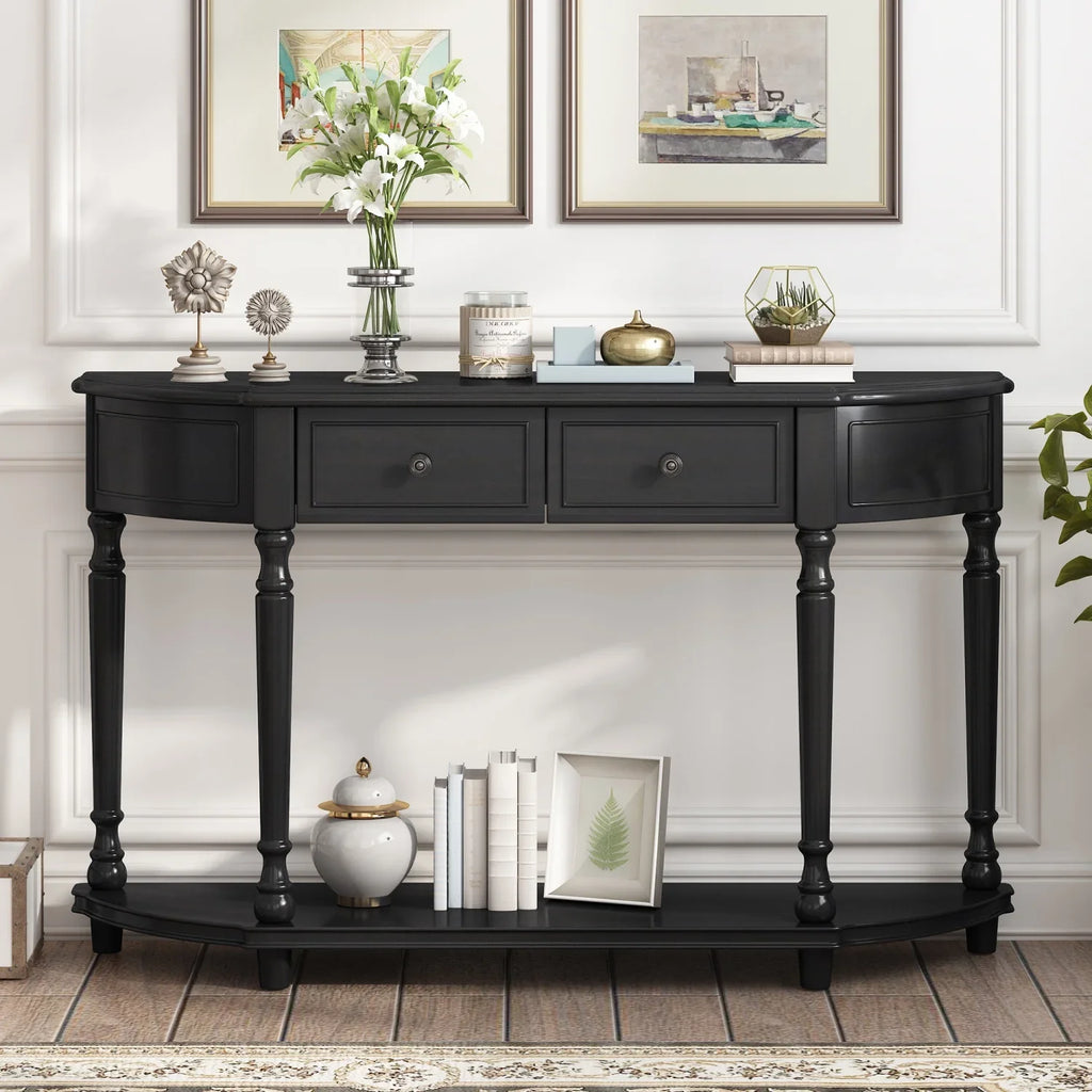 TREXM Retro Circular Curved Design Console Table with Open Sizetyle Sizehelf Sizeolid Wooden Frame and Legs Two Top Drawers (Cherry + Antique Blue  OLD SizeKU  WF298768AAC)