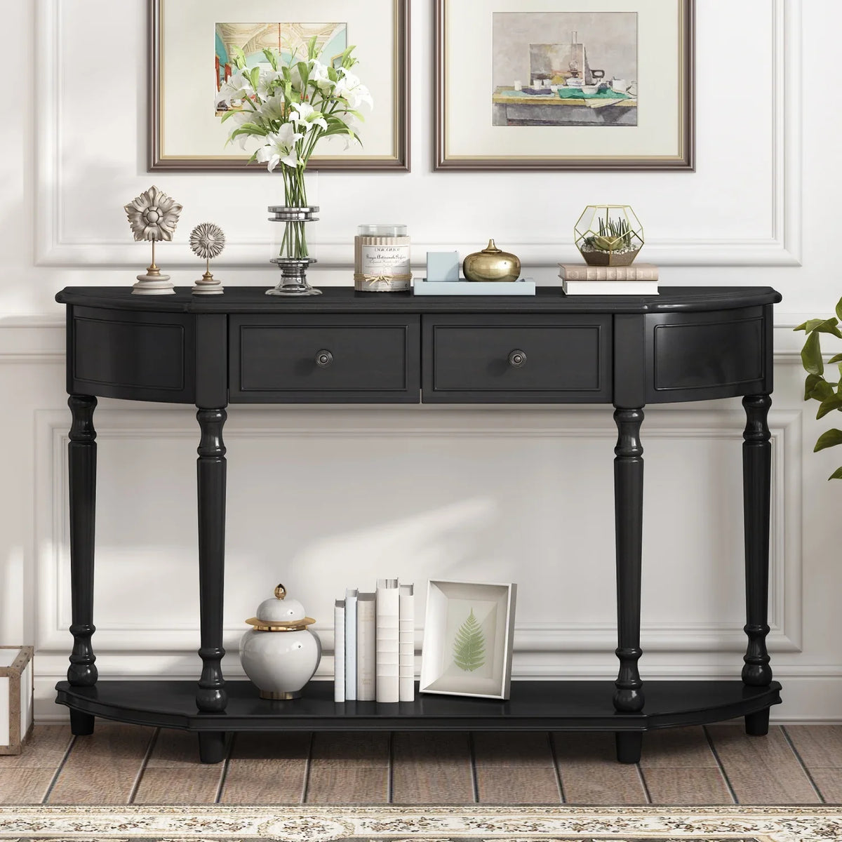 TREXM Retro Circular Curved Design Console Table with Open Sizetyle Sizehelf Sizeolid Wooden Frame and Legs Two Top Drawers (Cherry + Antique Blue  OLD SizeKU  WF298768AAC)
