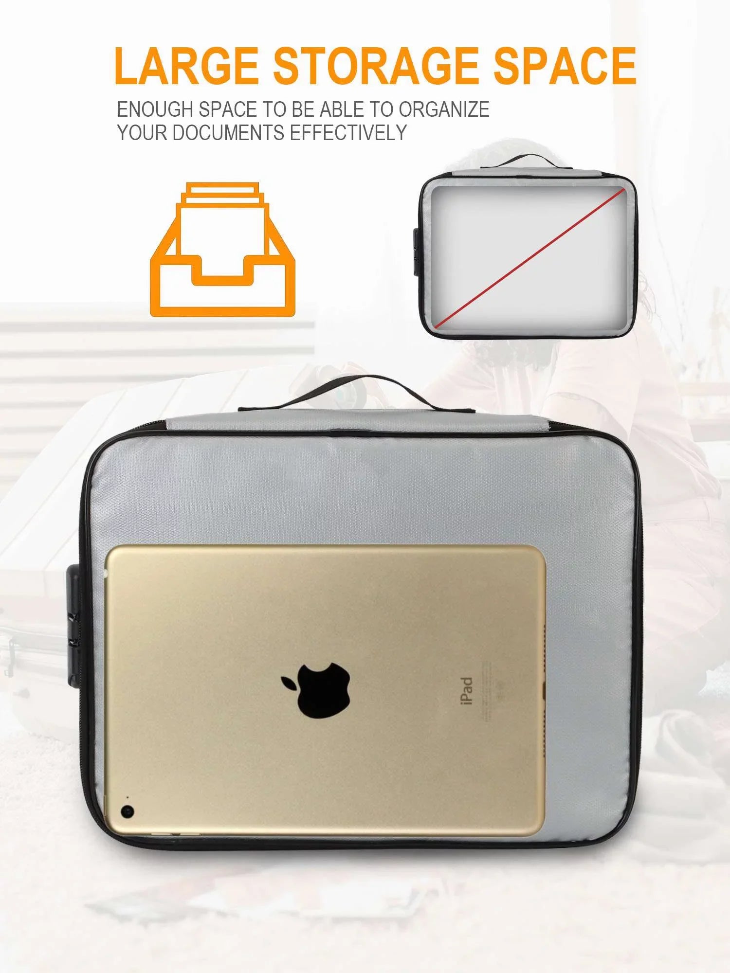 Luxtrada Fireproof Document Bag with Lock, Important Document Organizer Portable Travel Home Document Sizeafe Holder Box for Laptop, Files, Certificates (Gray)