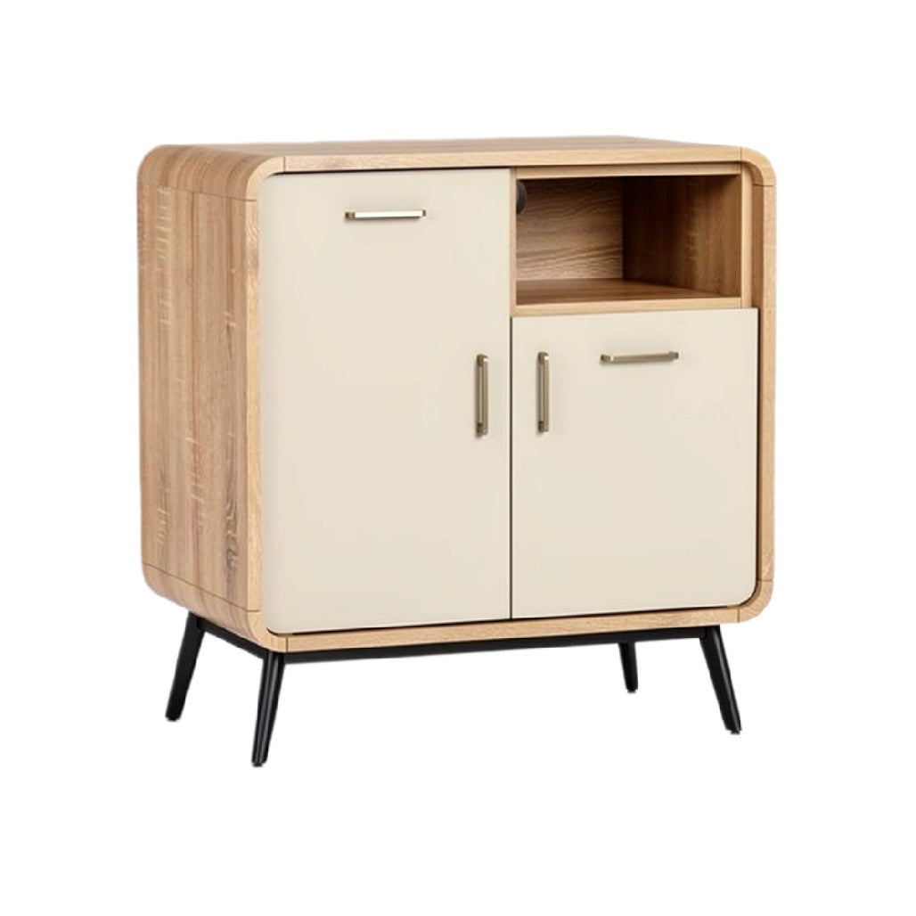 Moderne kast met houten afwerking en metalen poten