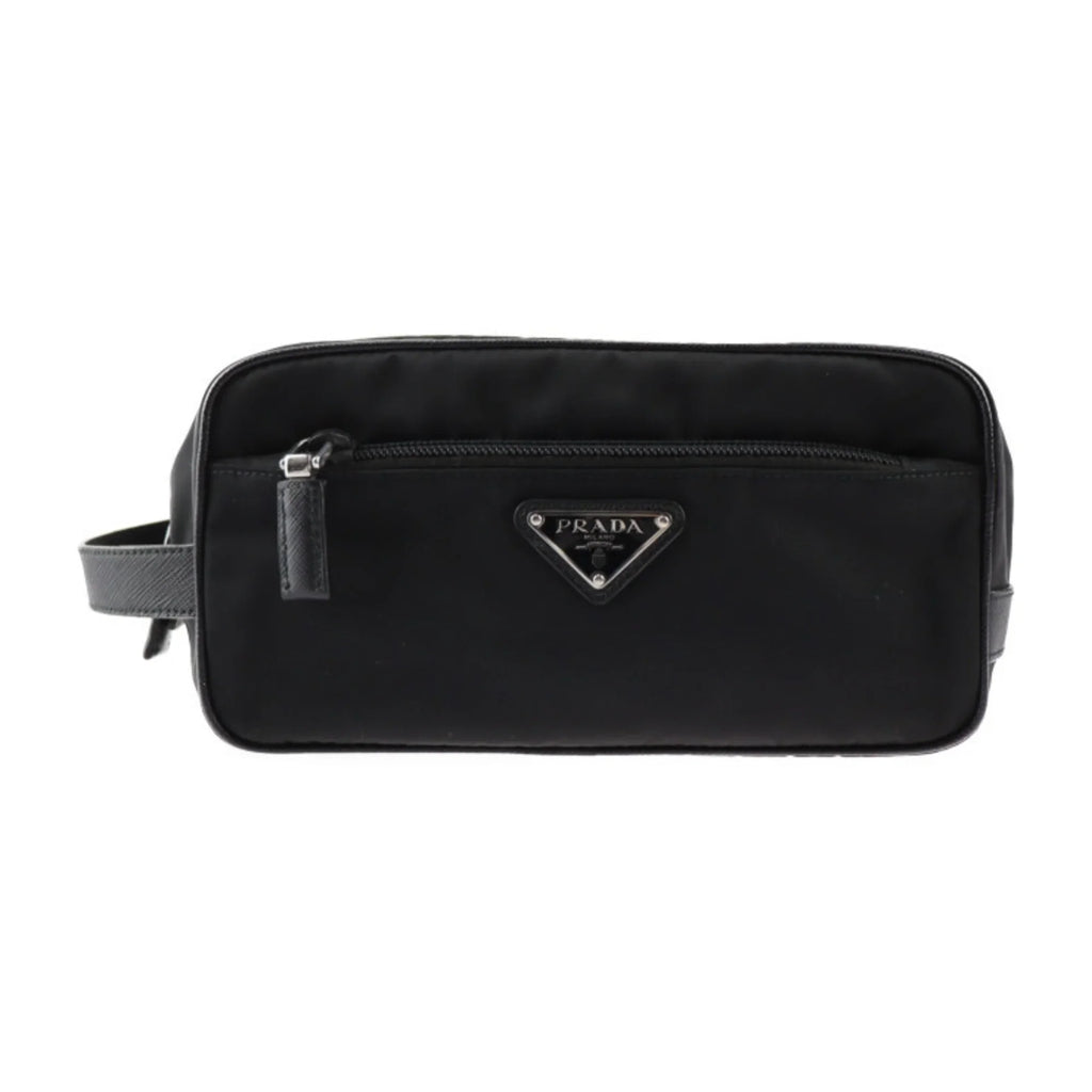 Pre-Owned PRADA Prada second bag 2NA819 nylon leather black silver hardware clutch handbag triangle logo (Good)