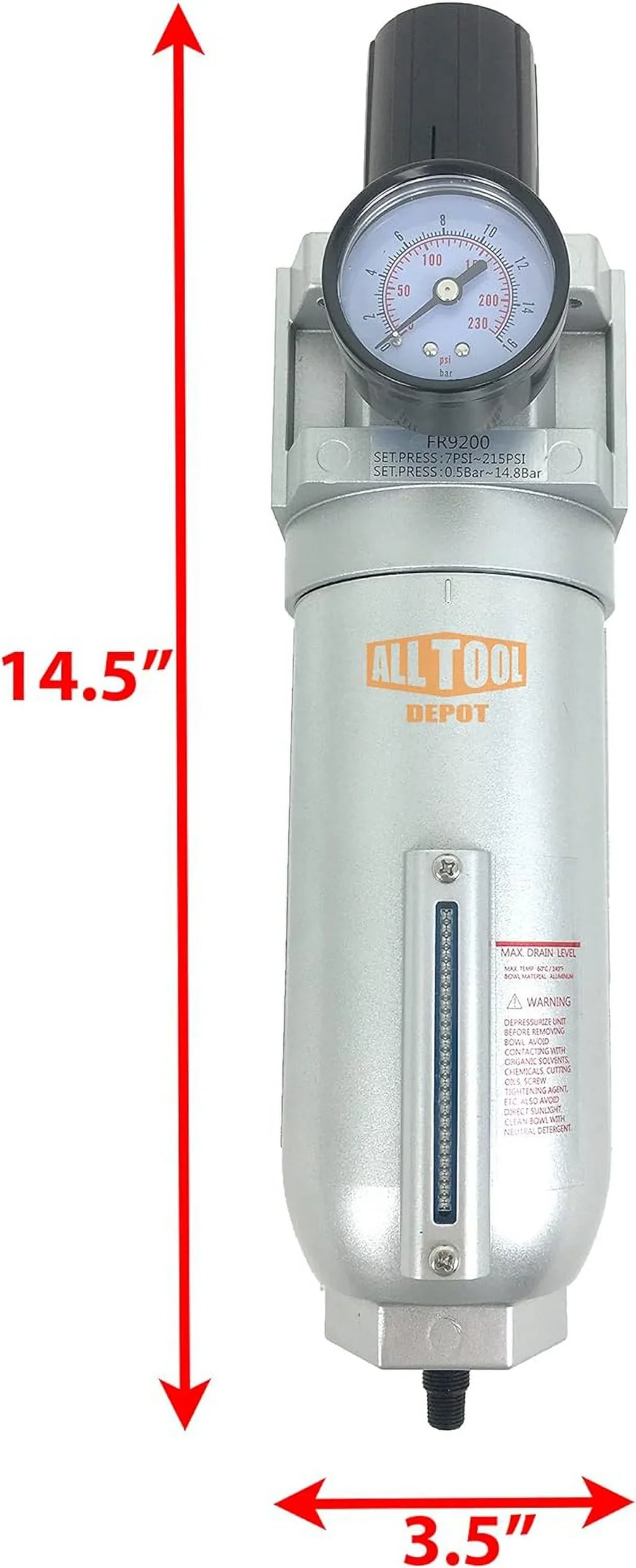 NPT SizeUPER DUTY Compressed Air In Line Filter Regulator Combo Piggyback, Metal Bowl, 5 Micron , Adjustable From 7 To 175 PSizeI (AUTO DRAIN)