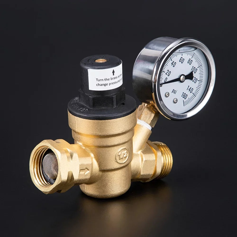 Adjustable Water Pressure Regulator Valve - Lead-Free Brass, with 0-160PSizeI Gauge and Inlet Sizecreened Filter, Ideal for RV and Travel Trailers