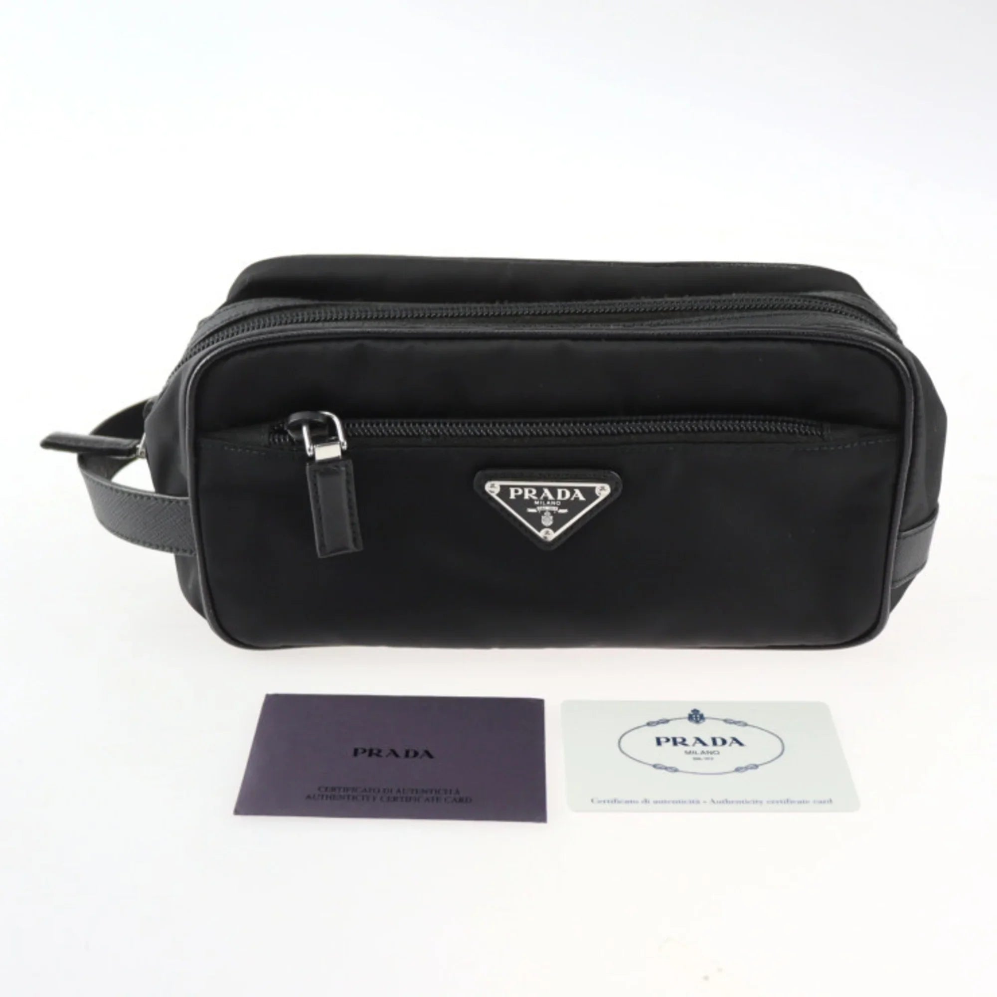Pre-Owned PRADA Prada second bag 2NA819 nylon leather black silver hardware clutch handbag triangle logo (Good)