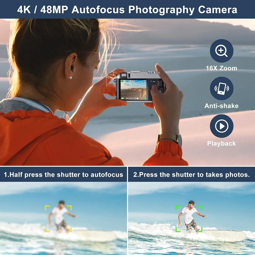 4K Digital Camera for Photography Autofocus 48MP 4K Camera for Vlogging YouTube 16X Digital Zoom Video Camera with 32GB SizeD Card