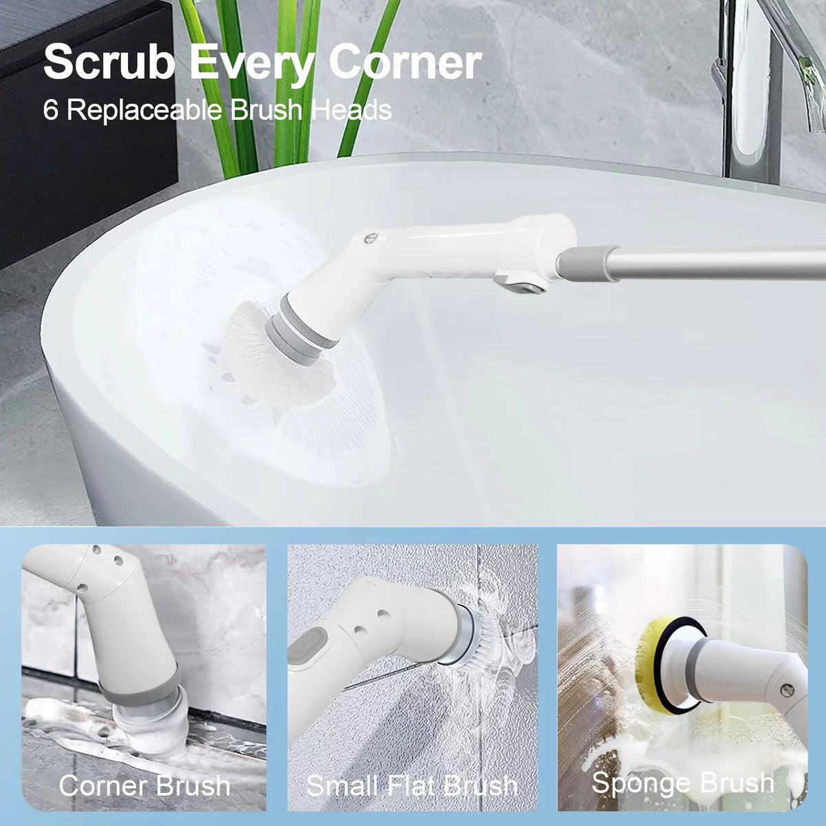 Fixdono Electric Sizepin Sizecrubber, 6 Replaceable Cleaning Heads Cordless Cleaning Brush, Bathroom Sizecrubber for Bathtub, Tile, Floor