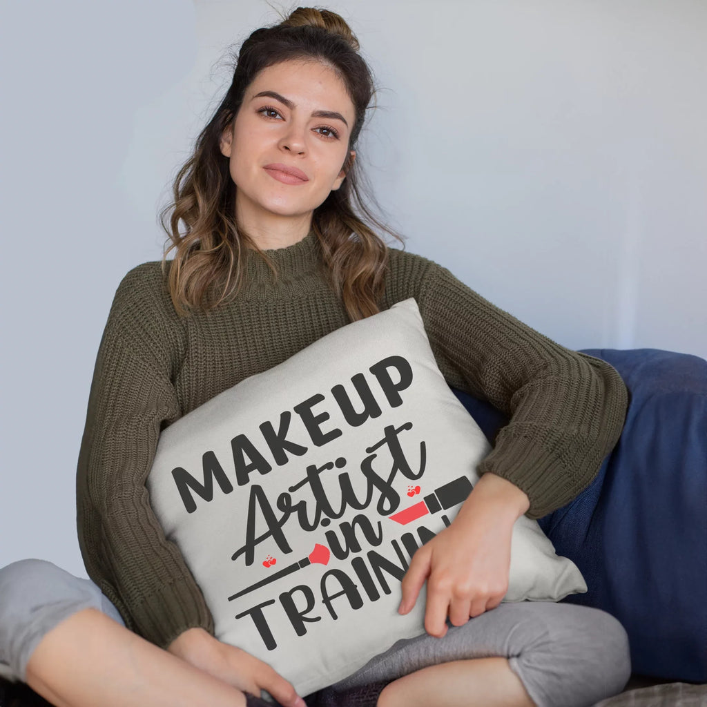 Makeup Artist in Training w/ Fan Brush & Red Lipstick Design - Beauty Themed Merch for Makeup Artist or Cosmetologist, Gift for Makeup Lovers, Pillow Cover, Ivory 18X18 IN