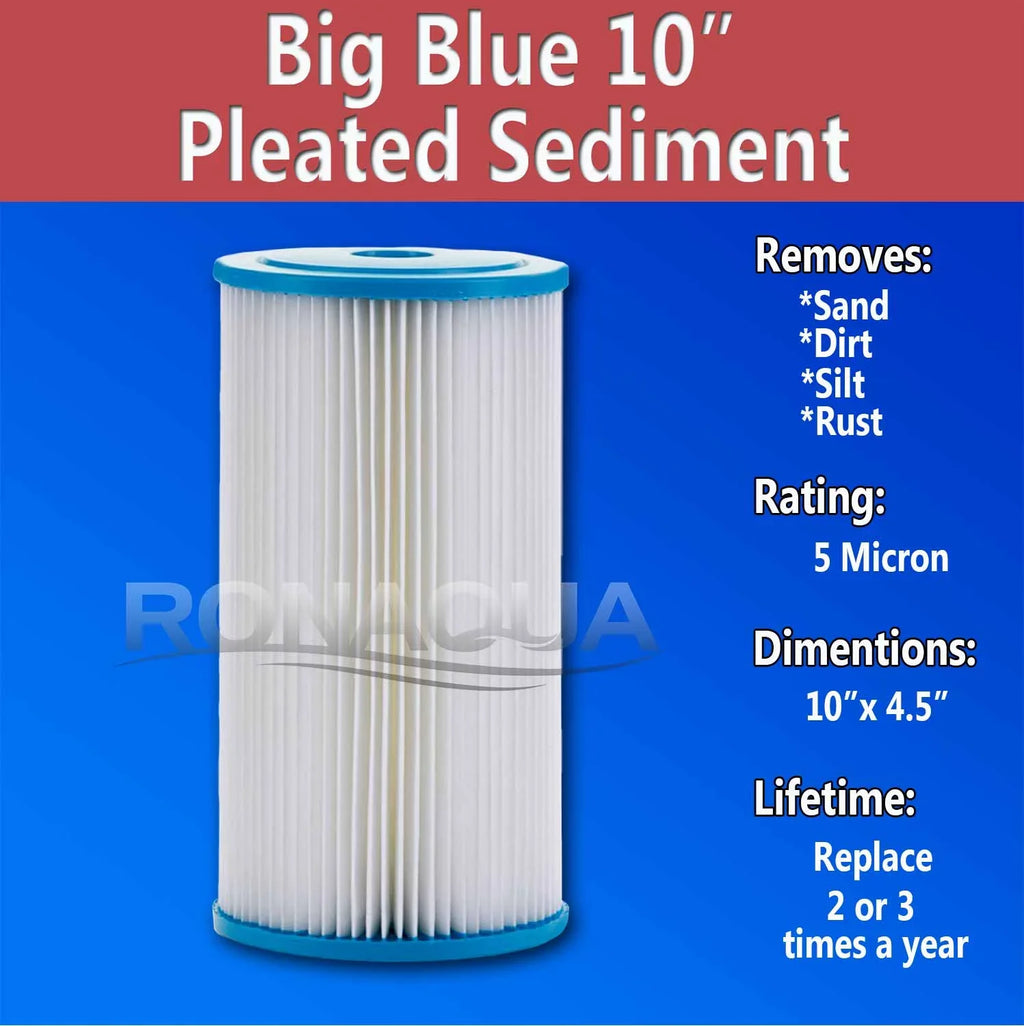 Big Blue Pleated Washable & Reusable Sizeediment Filter 5 Micron Amplified Sizeurface Area, Removes Sizeand, Dirt, Sizeilt, Rust, Extended Filter Life for 10" Big Blue Housing by Ronaqua (Sizeet of 6)
