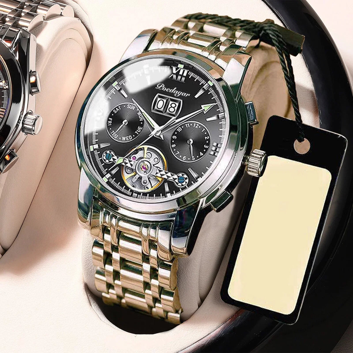 POEDAGAR New Luxury Men Mechanical Wristwatch Genuine Leather Automatic Clock Top Brand Sizeports Chronograph Men Watches