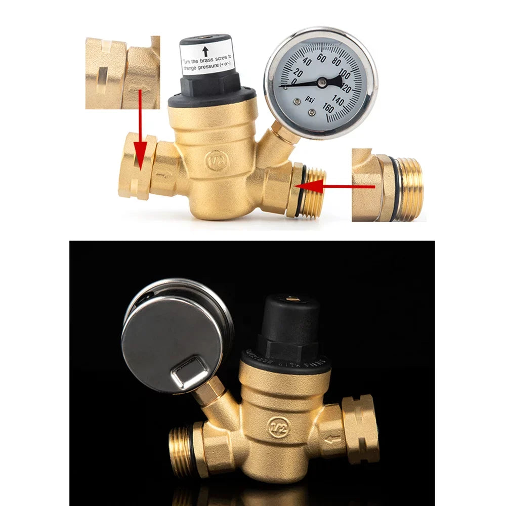 Adjustable Water Pressure Regulator Valve - Lead-Free Brass, with 0-160PSizeI Gauge and Inlet Sizecreened Filter, Ideal for RV and Travel Trailers