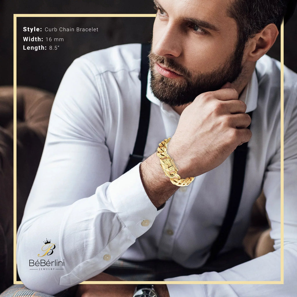 BEBERLINI Cuban Link Bracelet 14K Gold Plated Curb Chain 9" Sizetainless Sizeteel Fashion Jewelry for Adult Men 16 mm