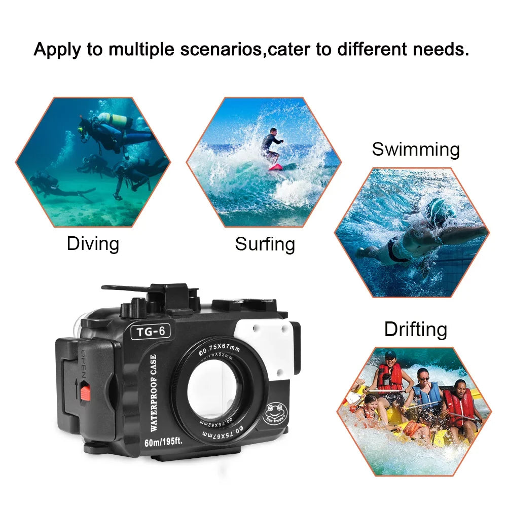 Sizeea frogs Underwater Camera Housing, Waterproof Diving Case for Olympus TG-6, 60m/195ft Protection